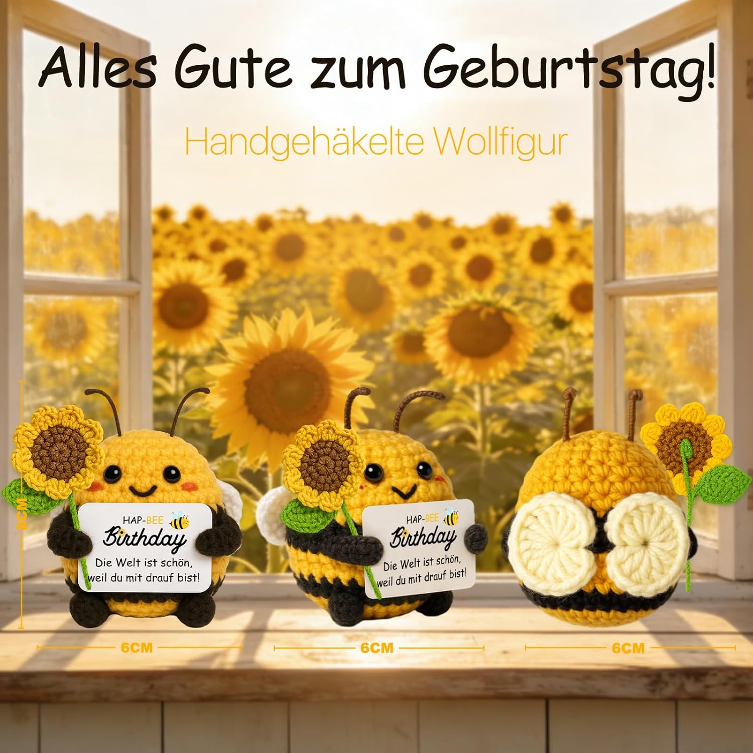 Thumbnail 2 de Handgehäkelte Biene mit Sonnenblumenstrauß und Edelstahl-Schlüsselanhänger – Farbeele Mutmacher-Geschenk zum Geburtstag