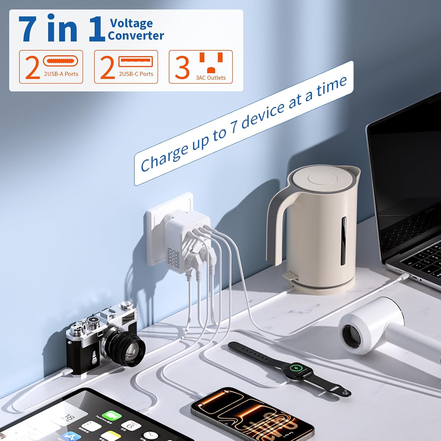 Detalle de 2000W US-to-Europe Voltage Converter with 7-in-1 Travel Adapter (Type C & G) for Hair Dryers and High-Power Devices