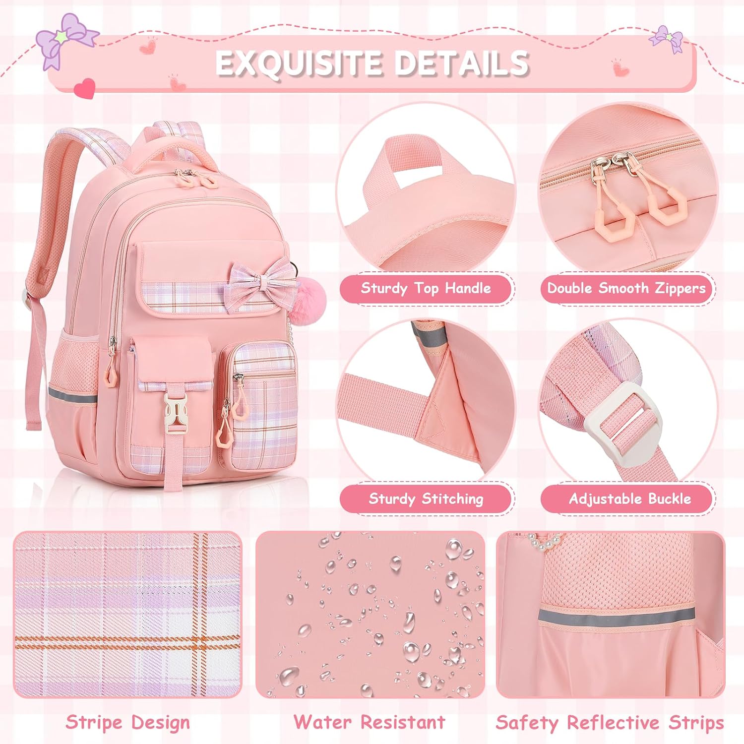 Detalle de QIXIHU Girls Backpack: Plaid School Bag with Pencil Case for Young Students