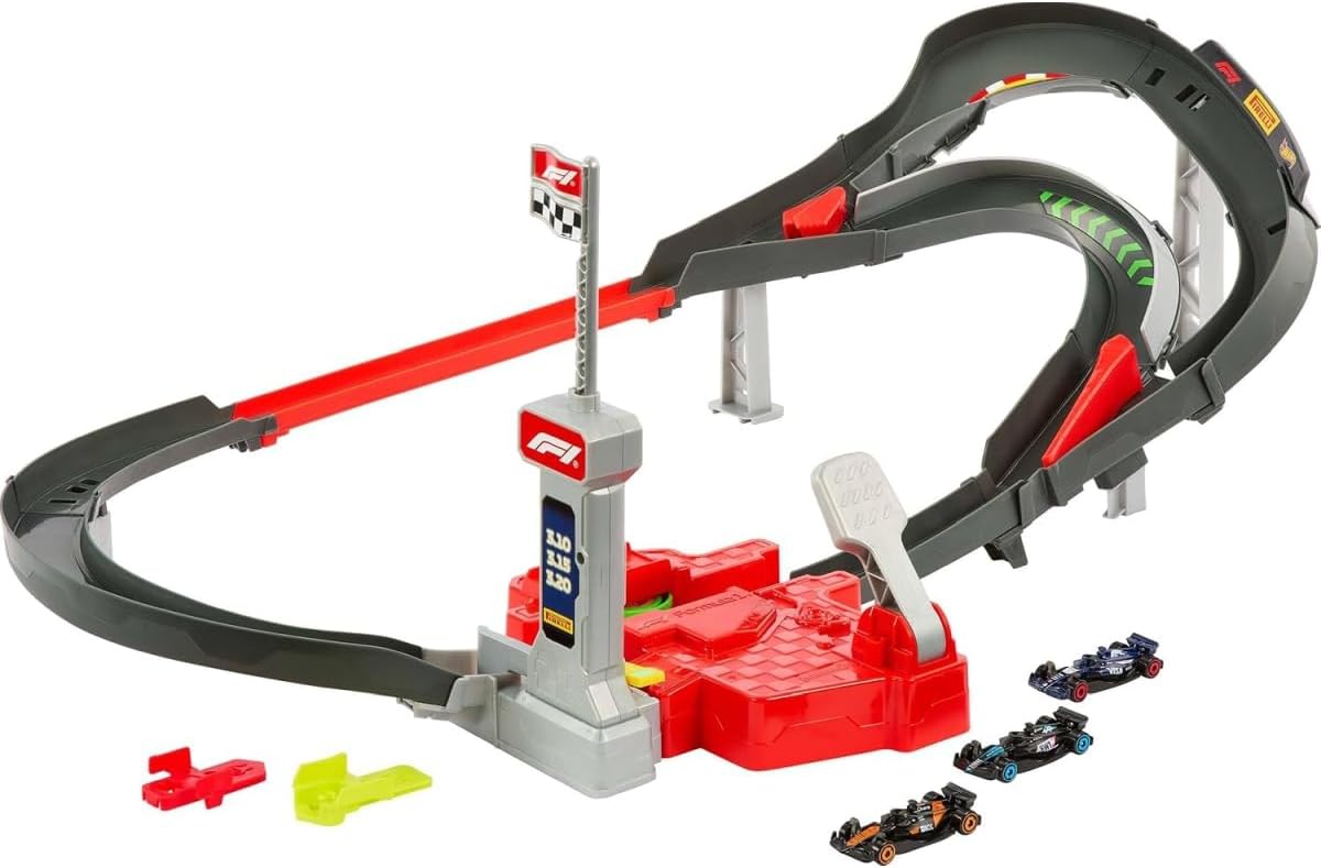 Detalle 2 de Hot Wheels Rennstrecke mit 3 1:64 Die-Cast Formel 1 Fahrzeugen – McLaren, Alpine & RB