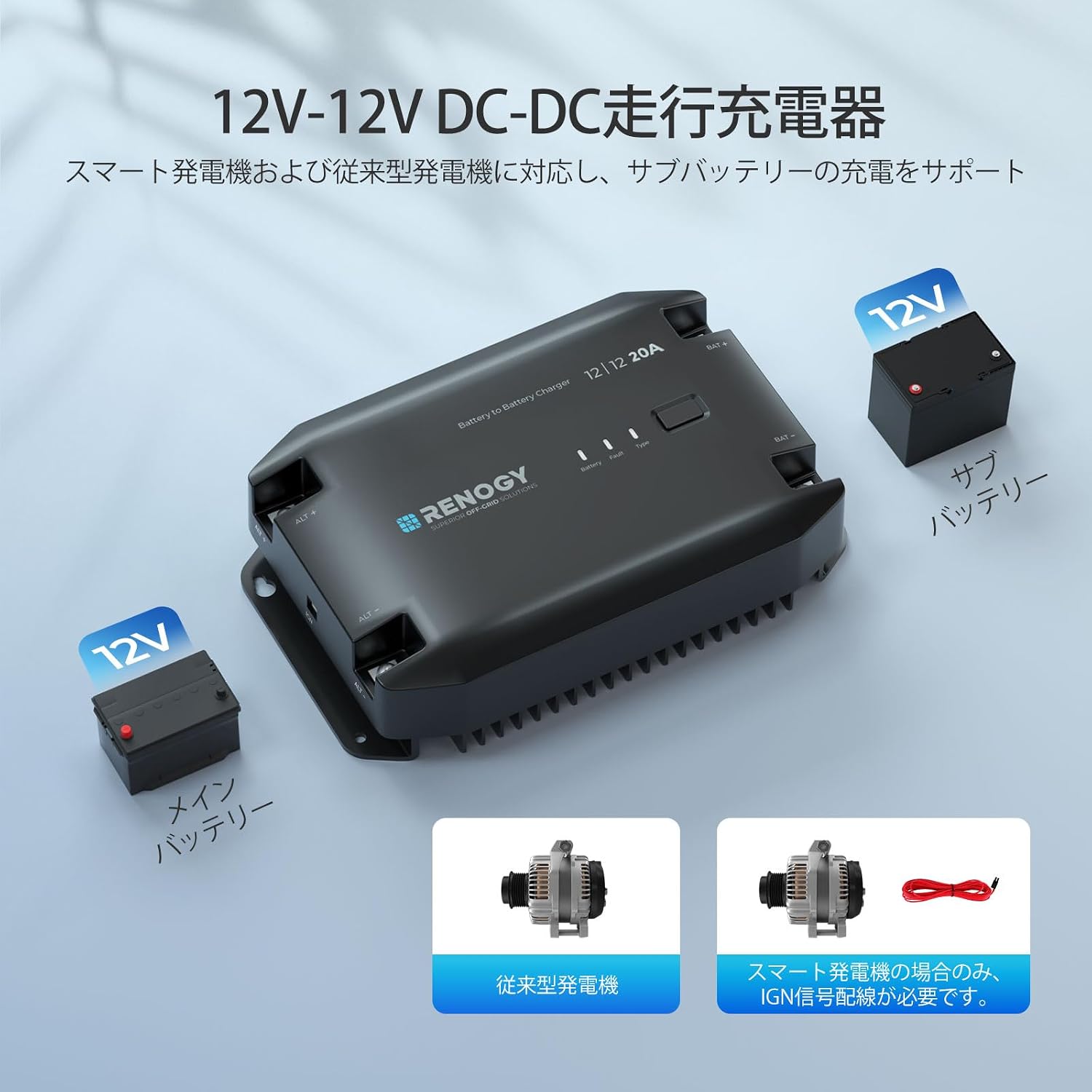 Detalle 2 de RENOGY RBC20D1U 12V 20A走行充電器 LiFePO4・AGM対応、Bluetooth連携、3段階充電