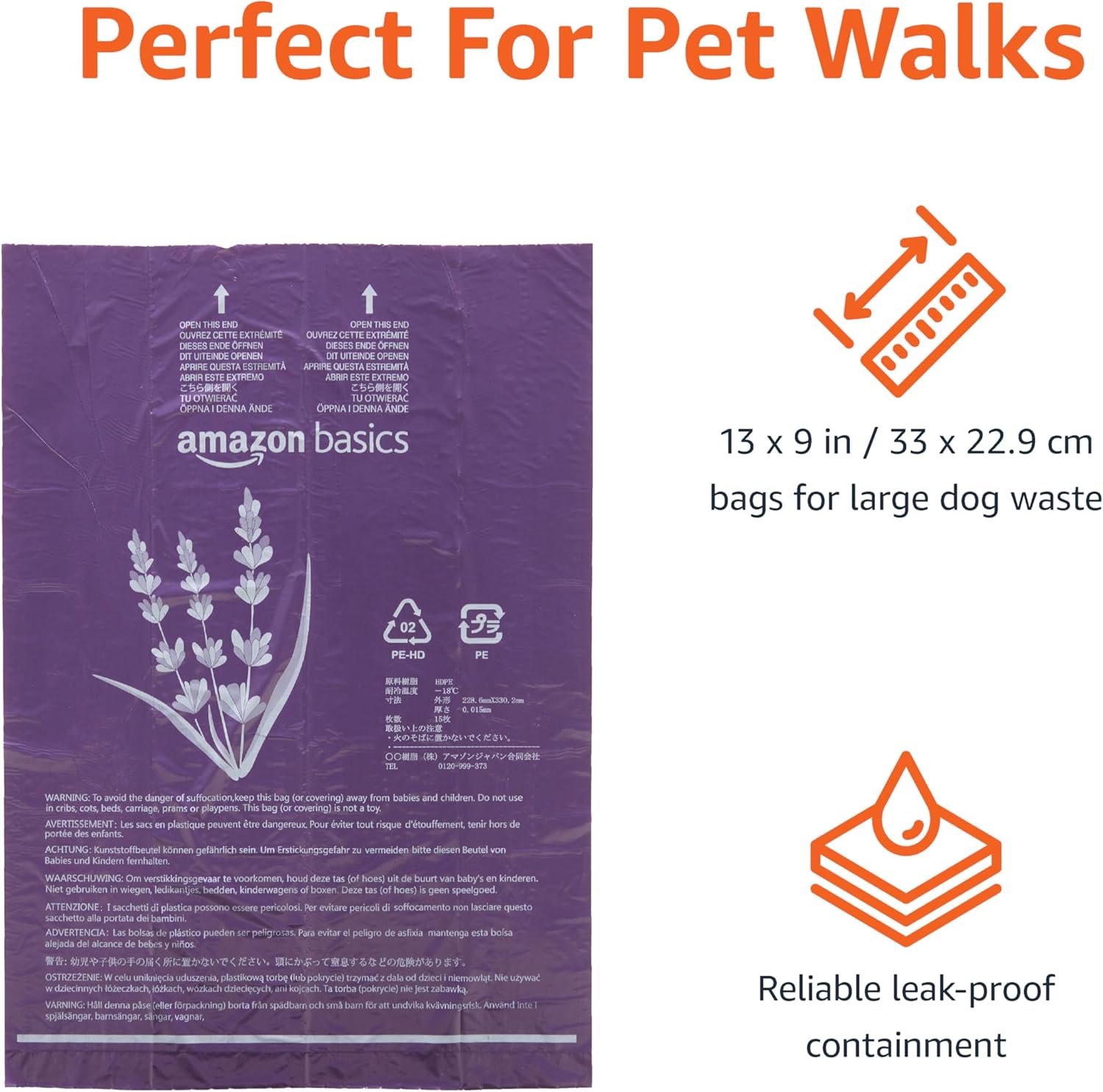 Detalle de Amazon Basics Lavender-Scented Dog Waste Bags (300 Bags, 15 per Roll, 20 Rolls) – Leak-Proof and Perforated
