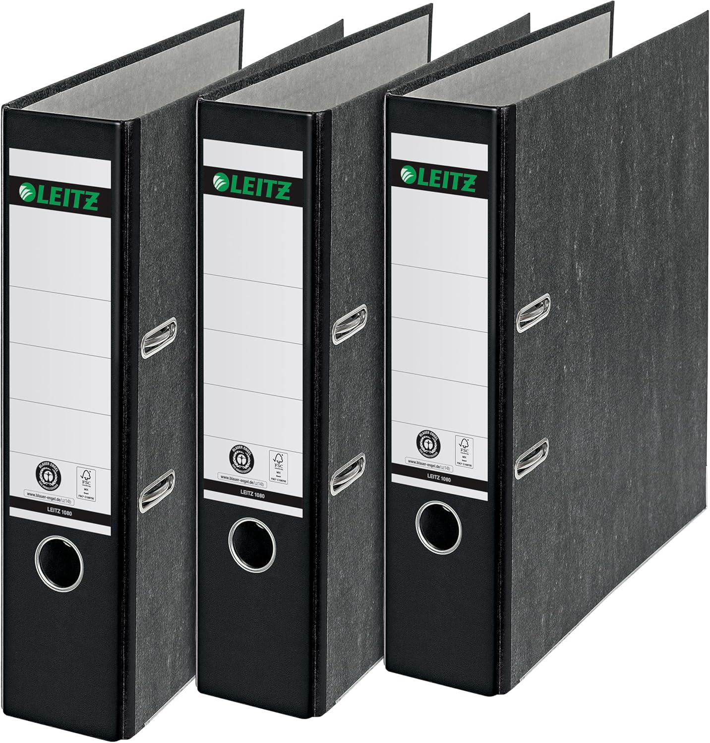 Leitz Qualitäts-Ordner, 3er-Pack, Wolkenmarmor-Papier, A4, 8 cm Rückenbreite, Schwarz – Modell 310305095