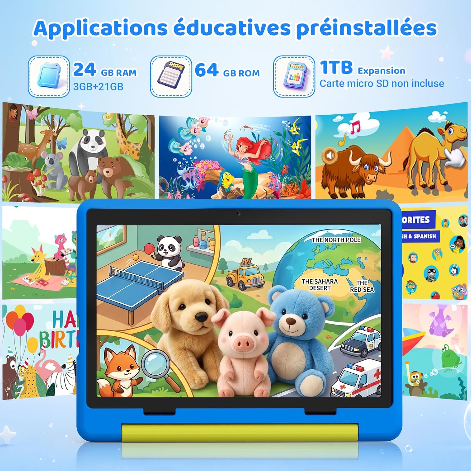 Thumbnail 3 de Laptok Android 16 Tablette Enfants 10" – 24Go + 64Go, ext. 1To, 6000mAh, mode Bureau, coque anti-choc (Bleu)