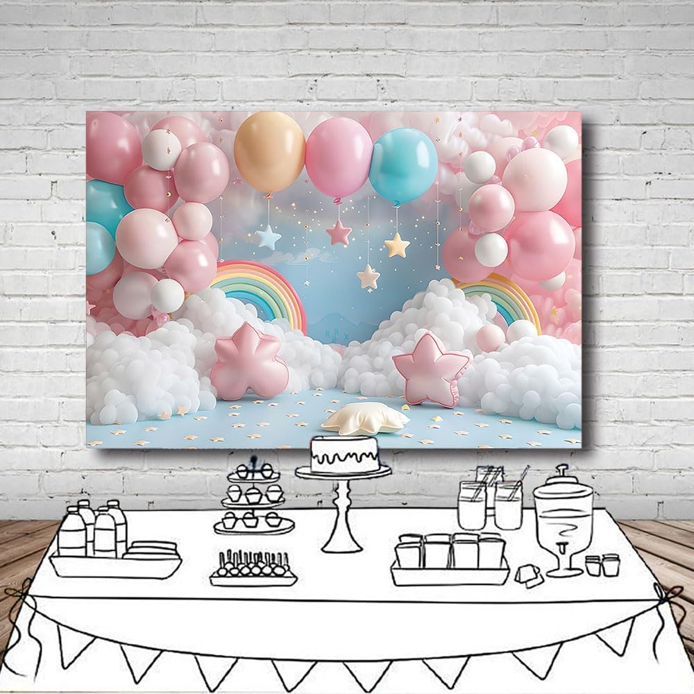 Thumbnail 4 de MEHOFOND 7x5ft Pink Girl Birthday Photography Backdrop (cloud, rainbow, balloons & stars) for cake smash and party photos