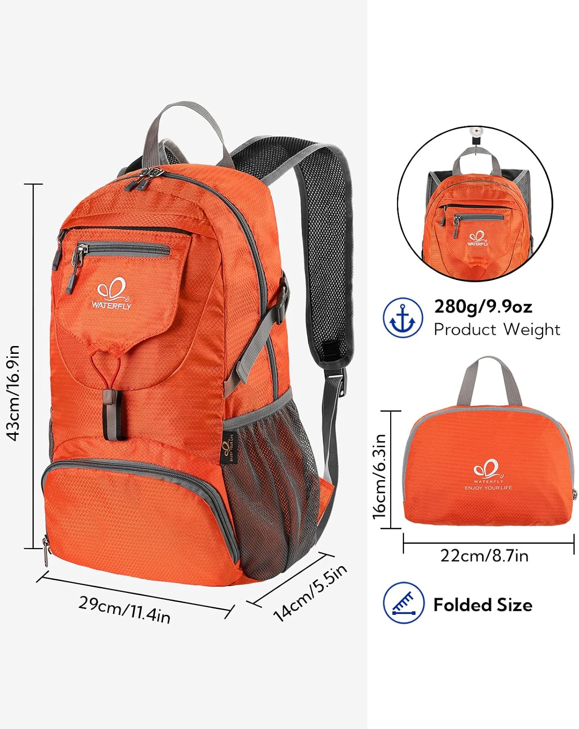 Detalle 2 de Waterfly Ultra Lightweight Foldable Backpack 20L – Packable daypack for hiking, travel & camping
