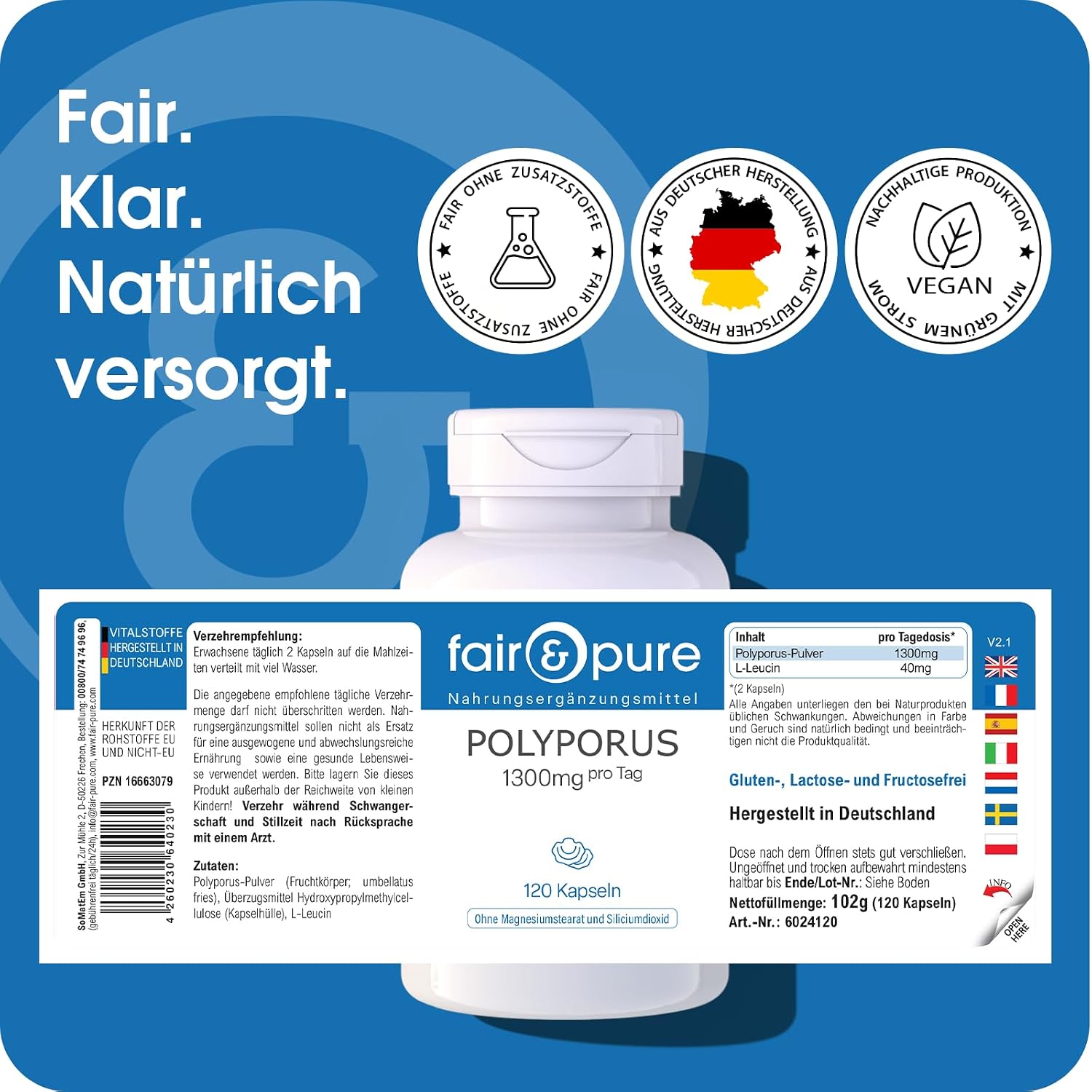 Detalle 2 de Fair & Pure Polyporus 1300 mg – vegane Nahrungsergänzungsmittel, 120 Kapseln, hergestellt in Deutschland