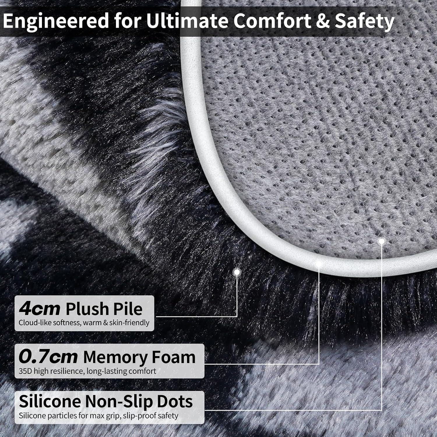 Detalle de FVVRAX Checkered Fluffy Rug 200x300cm (Black & Grey) – Plush low-shedding non-slip area rug