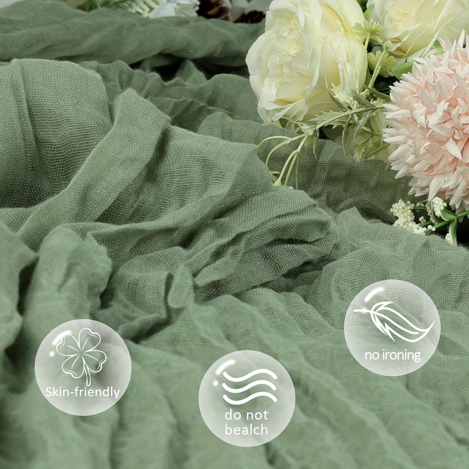 Detalle de 6 Pack Sage Green Boho Gauze Table Runner (35 x 120 in) for Rustic Spring Décor, Baby Showers, Weddings