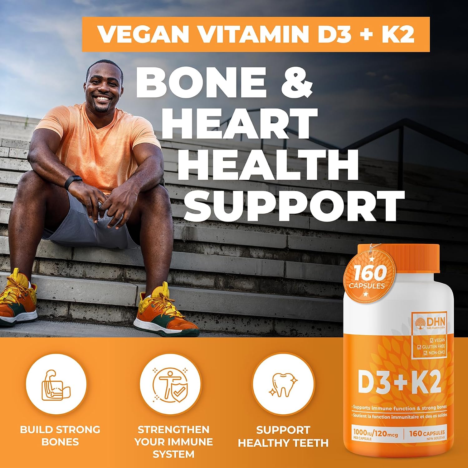 Detalle de DH Nutrition Vegan Vitamin D3 + K2 (MK-7) Capsules, Canadian-Made 2-Pack