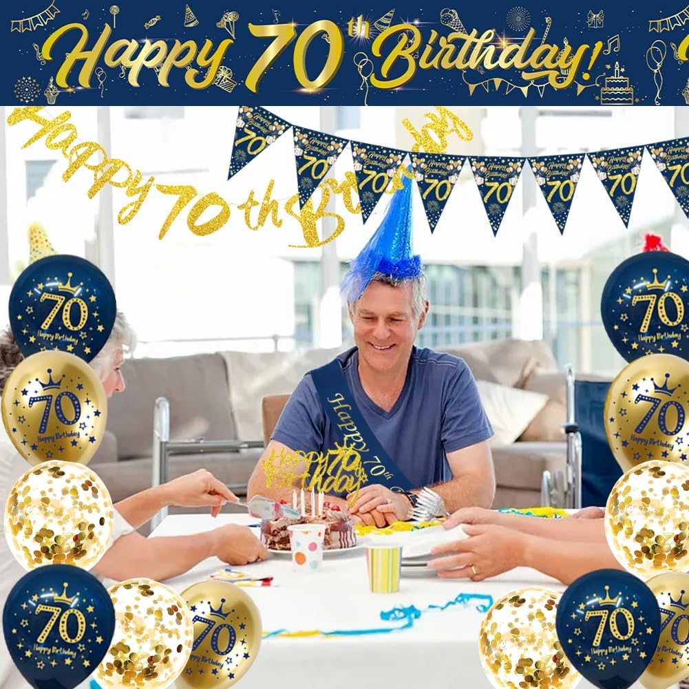 Detalle de Blue Gold Happy 70th Birthday Decoration Kit