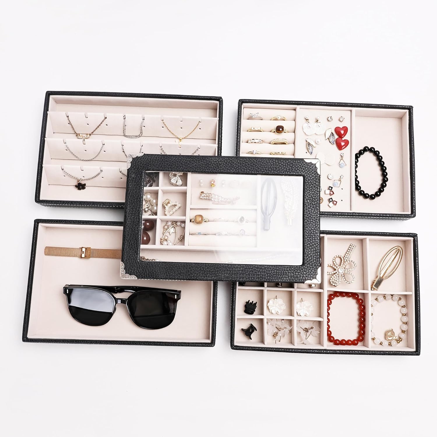 Detalle 2 de Boxudeli Schmucktablett mit 5 Ebenen, stapelbar und abnehmbarer Deckel (Schwarz)