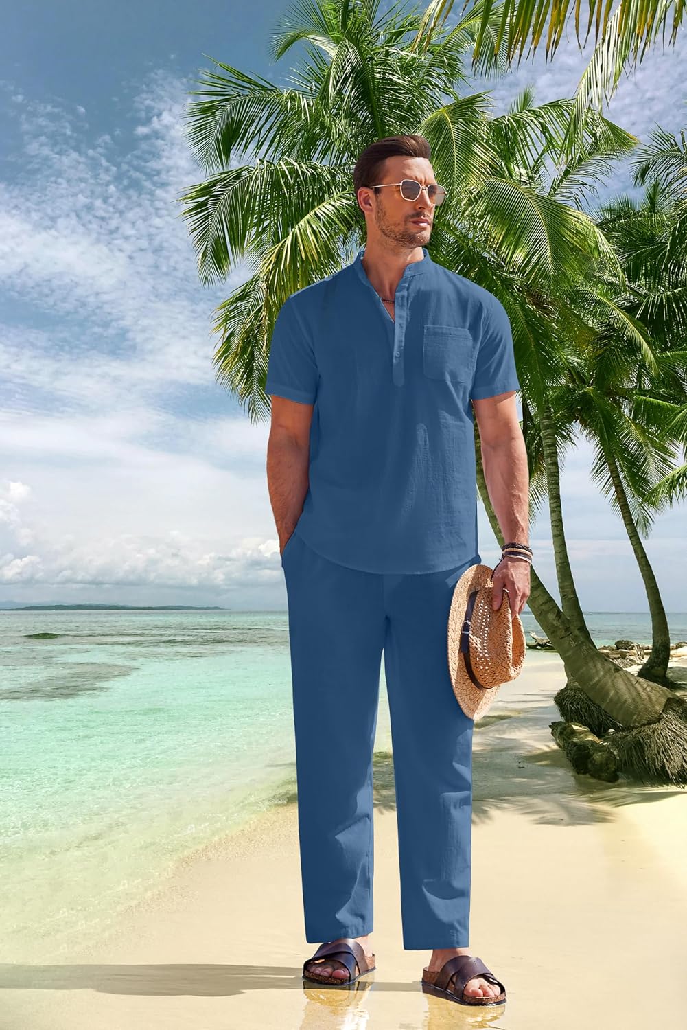 Detalle de COOFANDY Men's 2-Piece Cotton Linen Set: Casual Henley Shirt + Beach Yoga Pants