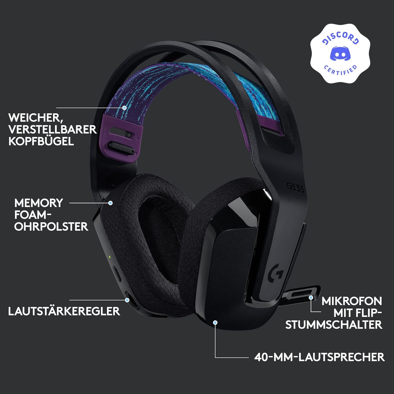 Thumbnail 5 de Logitech G535 LIGHTSPEED kabelloses Gaming-Headset (LIGHTSPEED, 33 Std. Akkulaufzeit, Flip-to-Mute) für PC/PS4/PS5