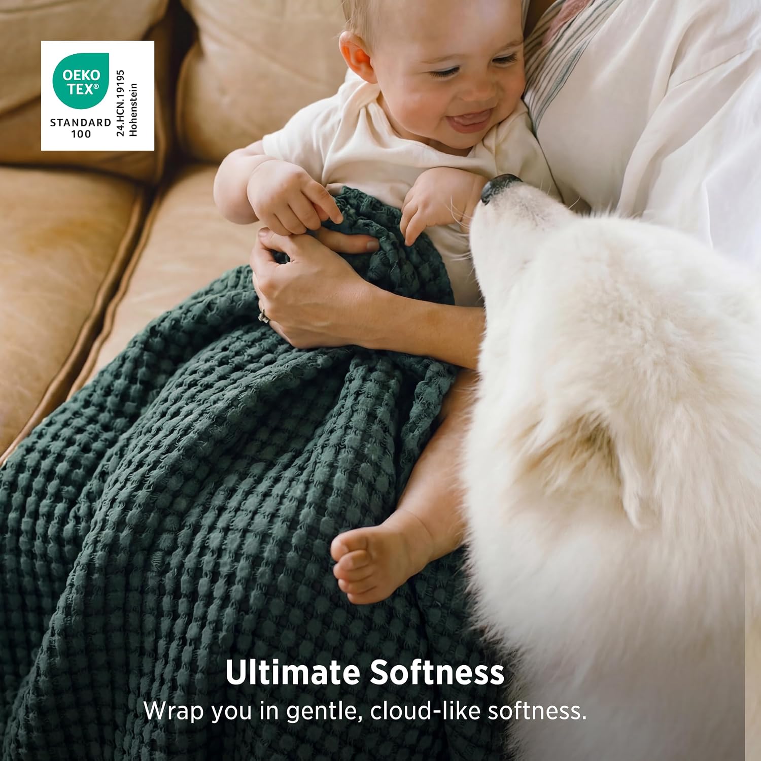 Detalle 2 de Bedsure Cooling Waffle Blanket, Queen 90" x 90", Cotton-Rayon Blend, Dark Green