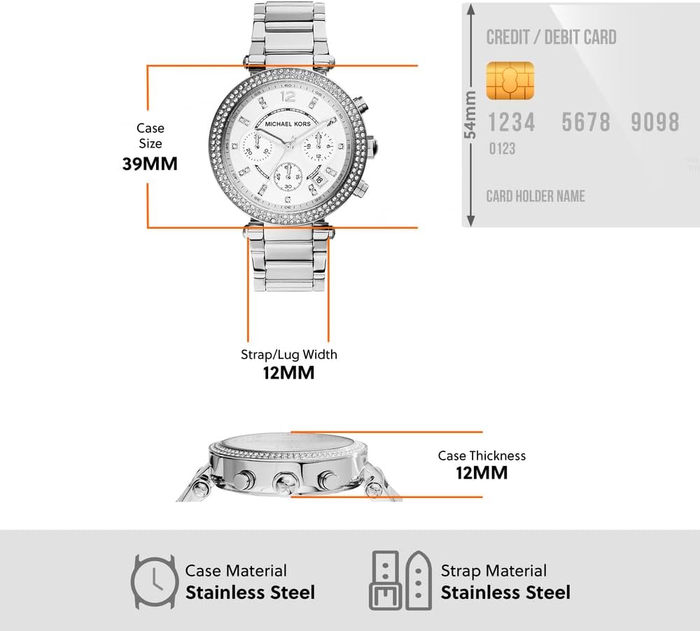 Detalle de Michael Kors Montre Parker pour Femme – Chronographe quartz, lunette strass, bracelet acier ou PVC
