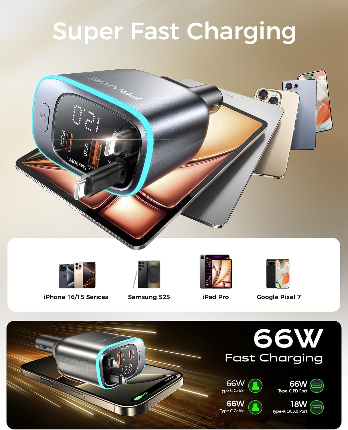 Thumbnail 4 de Retractable 4-in-1 Multi Fast Car Charger with Dual Cables (USB-C & USB-A) – Grey