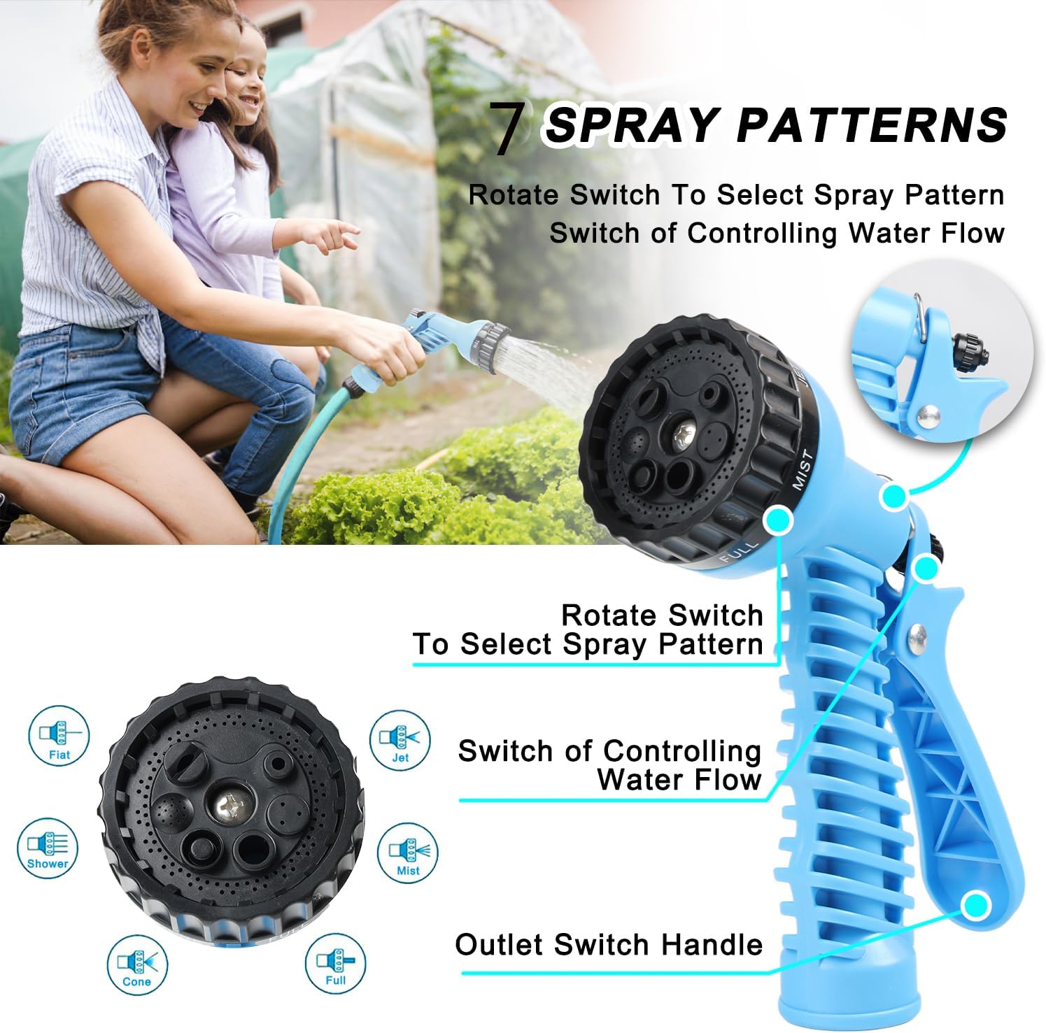 Thumbnail 4 de HERZO flexibler Gartenschlauch 15 m mit 7 Sprüh-Einstellungen und Multifunktions-Spritzpistole