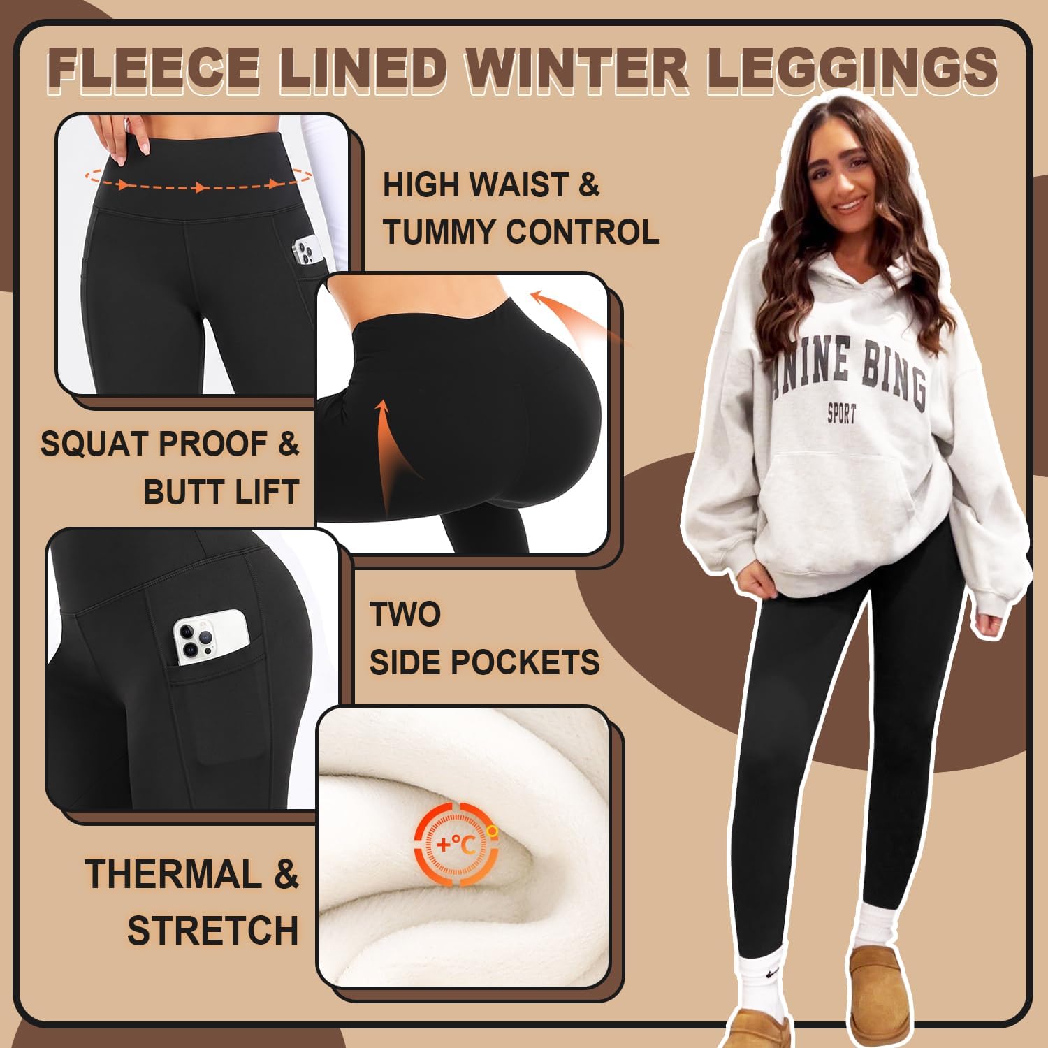 Detalle de CTHH Fleece-Lined High-Waisted Thermal Leggings for Women