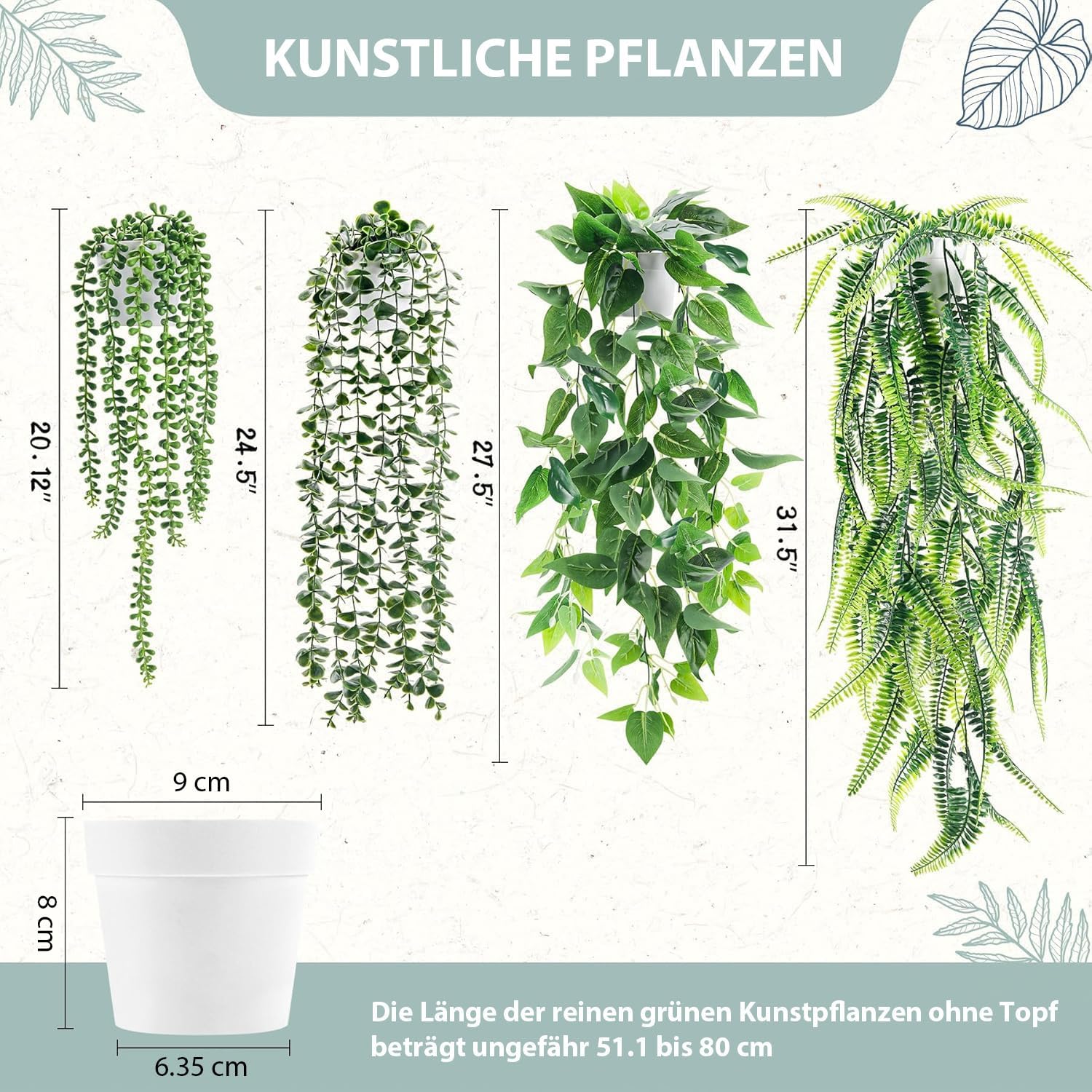 Detalle de 4er-Set künstliche Hängepflanzen – Eukalyptus, Boston-Farn, Perlenschnur & Pothos (Weiß)