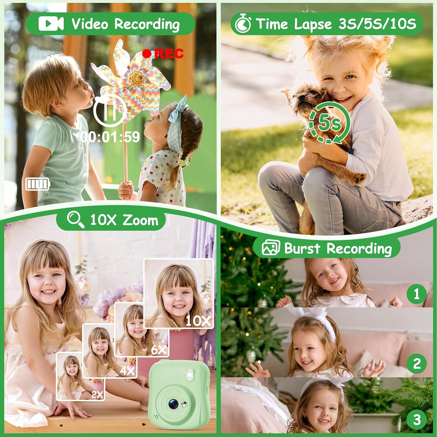 Thumbnail 5 de Hangrui Cámara Fotos Infantil Instantánea 1080P con Tarjeta 32GB, Papel + Bolígrafos de Colores – Verde