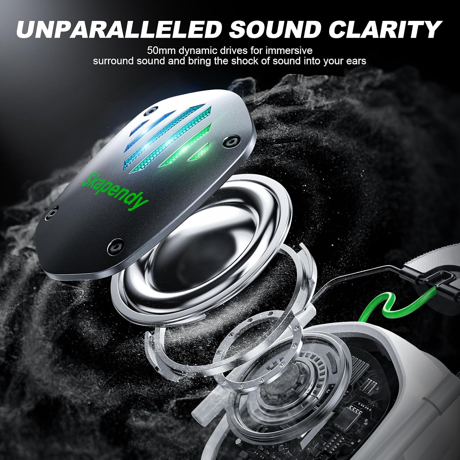 Detalle 2 de Skapendy Wireless Gaming Headset (2.4GHz USB & Type-C, ENC Mic, 50mm Drivers) for PC, PS5, PS4, Switch, Mac & Mobile