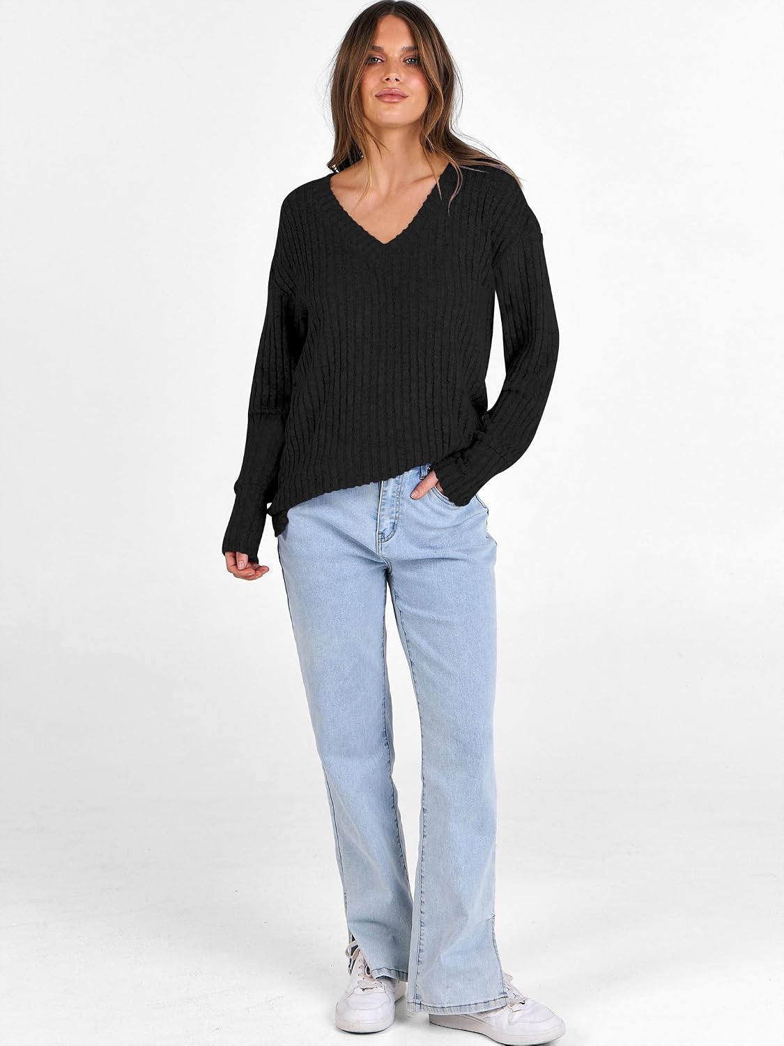 Thumbnail 5 de ANRABESS Long Sleeve V-Neck Tunic Lightweight Sweater