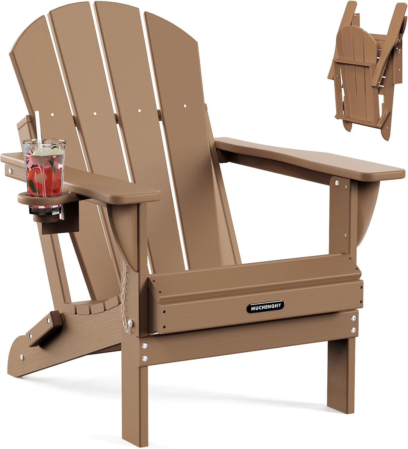 Detalle de MUCHENGHY Folding Adirondack Chair with Cup Holder (HDPE, Teak color)