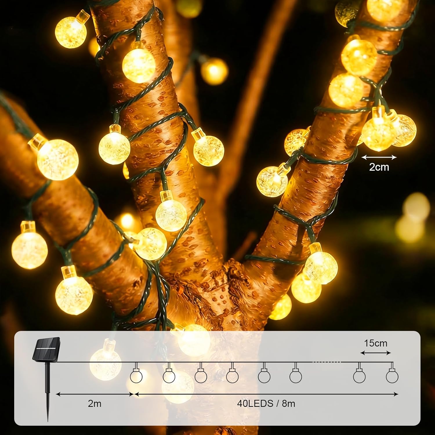 Thumbnail 1 de Liyade Solar Lichterkette Außen – 8 m, 40 LEDs, IP65, 8 Modi mit Speicher & Timer