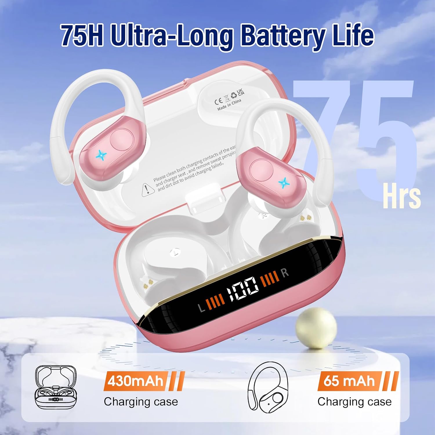 Detalle 2 de Qecnato T12 Wireless Earbuds, IP7 Waterproof, Bluetooth 5.4, Blush Pink