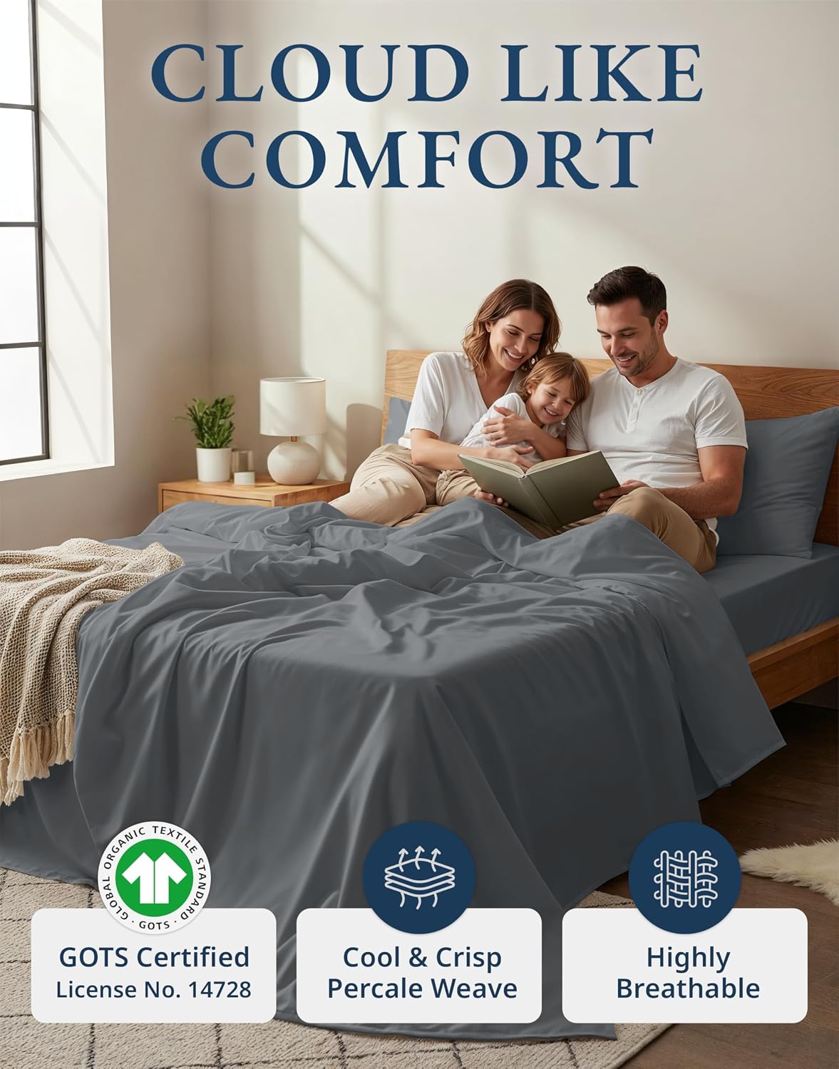 Detalle 2 de Lane Linen 100% Organic Cotton Twin Size 3-Piece Bed Sheets Set (Charcoal, Classic Percale)