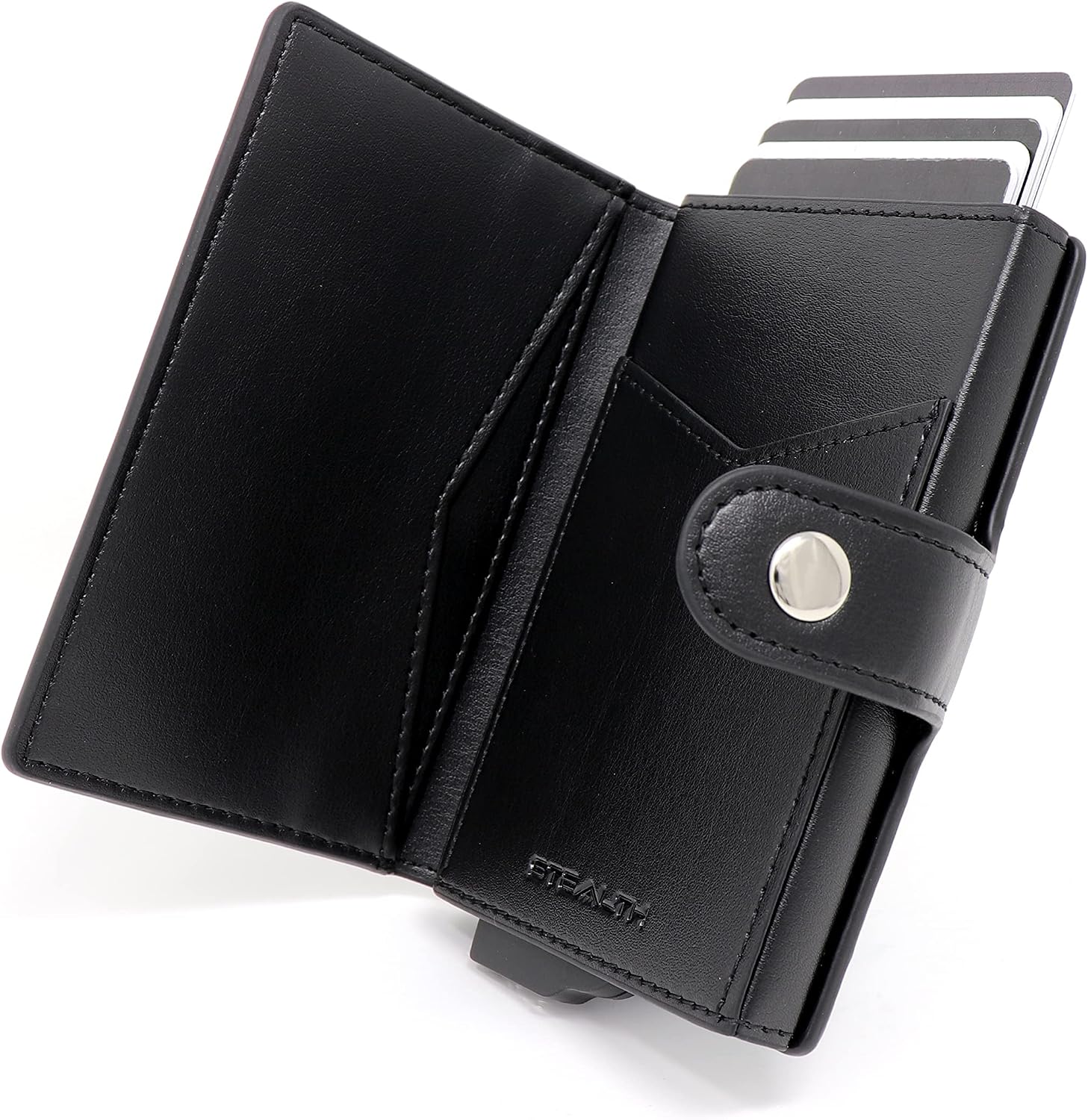 Detalle de Stealth Wallet RFID Card Holder Wallet — Slim pop-up metal card case with gift box (Black aluminium & black leather)