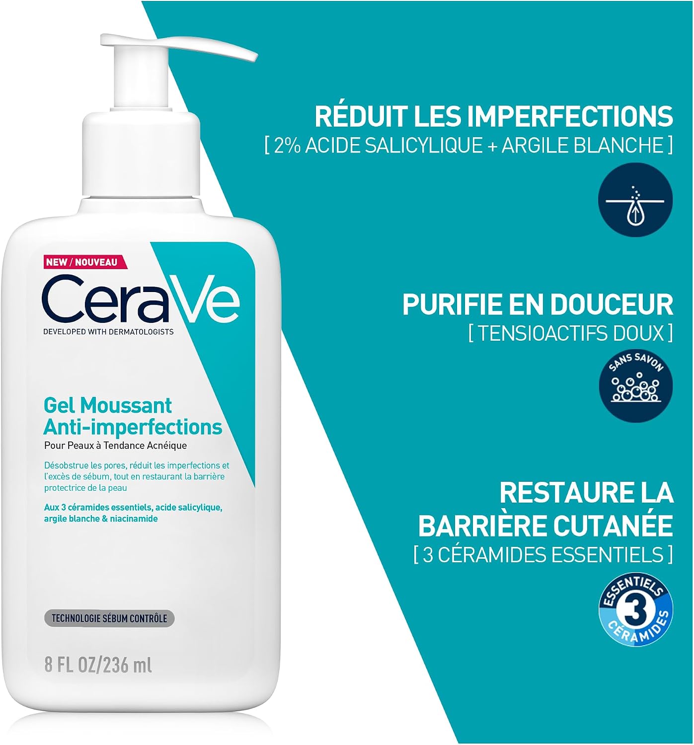 Detalle de CeraVe Gel Moussant Anti-Imperfections 2% Acide Salicylique – Nettoyant purifiant pour peau grasse et réactive