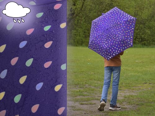Detalle 2 de iX-brella Raindrops Purple Automatik-Taschenschirm für Kinder – reflektierender Farbwechsel bei Nässe, leicht und kompakt
