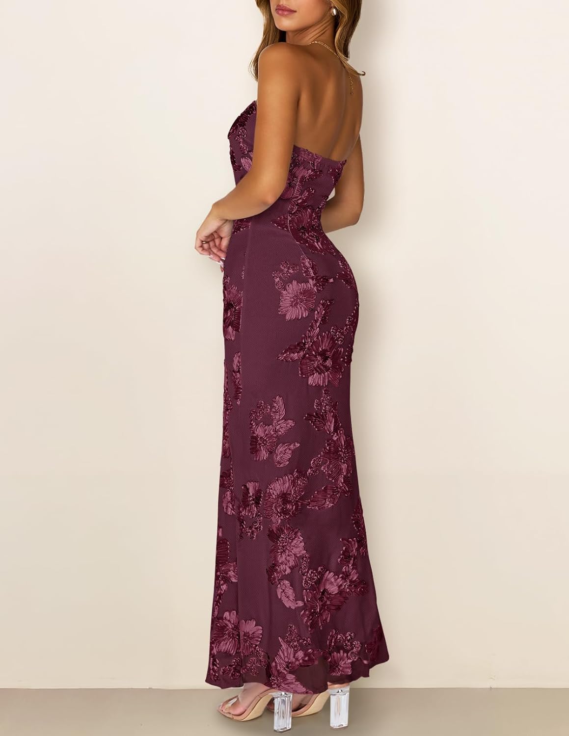Thumbnail 3 de MEROKEETY Women’s Floral Strapless Maxi Dress (3D Print) — Backless Bodycon Wedding Guest & Formal Wear