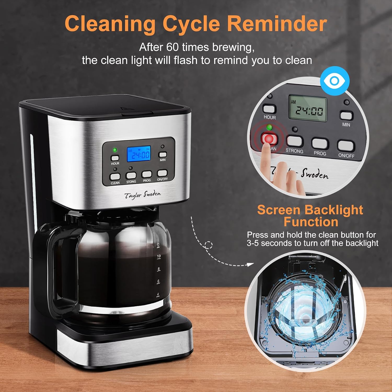 Detalle de Taylor Swoden Darcy Kaffeemaschine mit Timer, 950 W, 1,5 l Filterkaffee für bis zu 12 Tassen (schwarz)