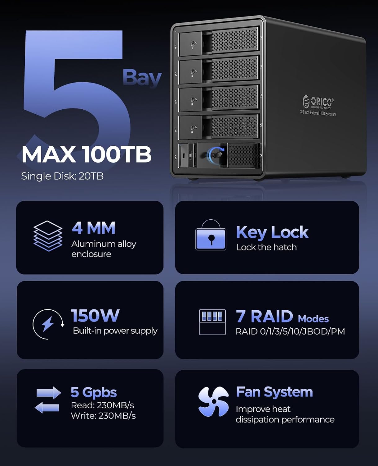 Detalle 2 de ORICO boîtier externe pour 5 disques durs USB 3.0 vers SATA avec RAID (aluminium) – 5 baies