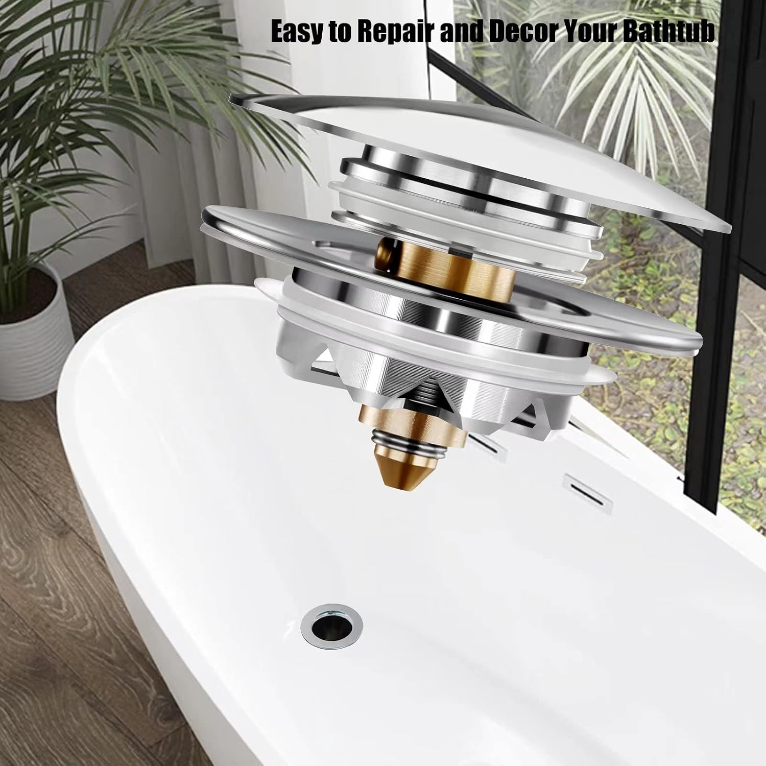 Detalle 2 de Anlige Pop-Up Bathtub Drain Stopper with Hair Catcher, Chrome Silver