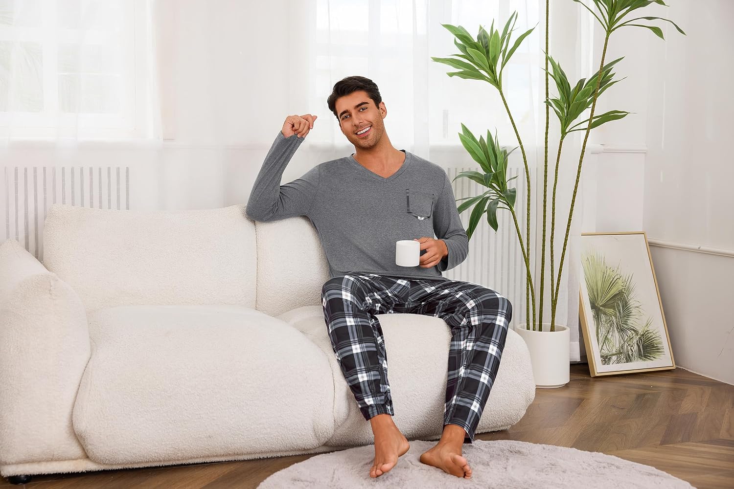 Detalle de Uniexcosm Pyjama Homme Hiver en coton – Ensemble à carreaux, manches longues