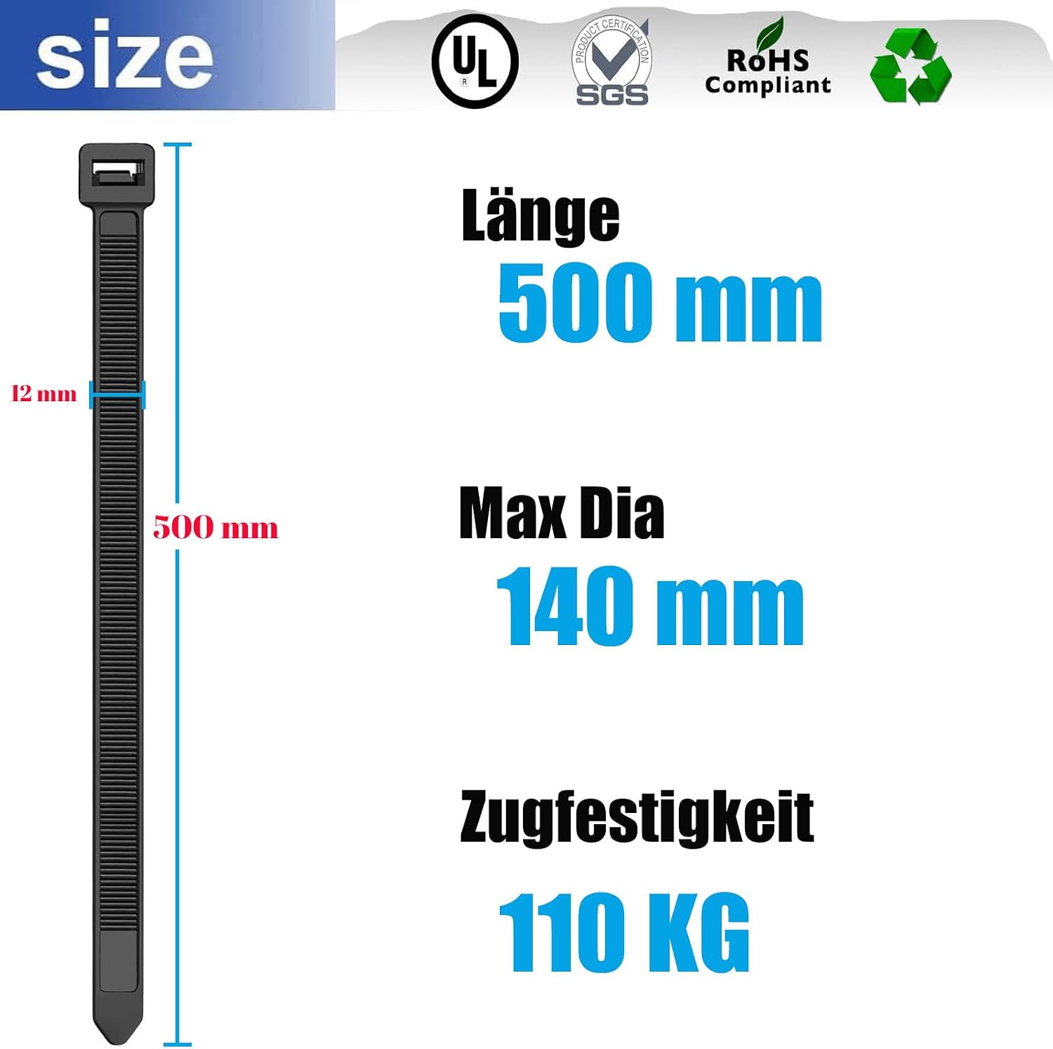 Detalle 2 de KLJ 500x12mm kabelbinders, zwart, PA66-nylon, 500 mm en 110 kg treksterkte