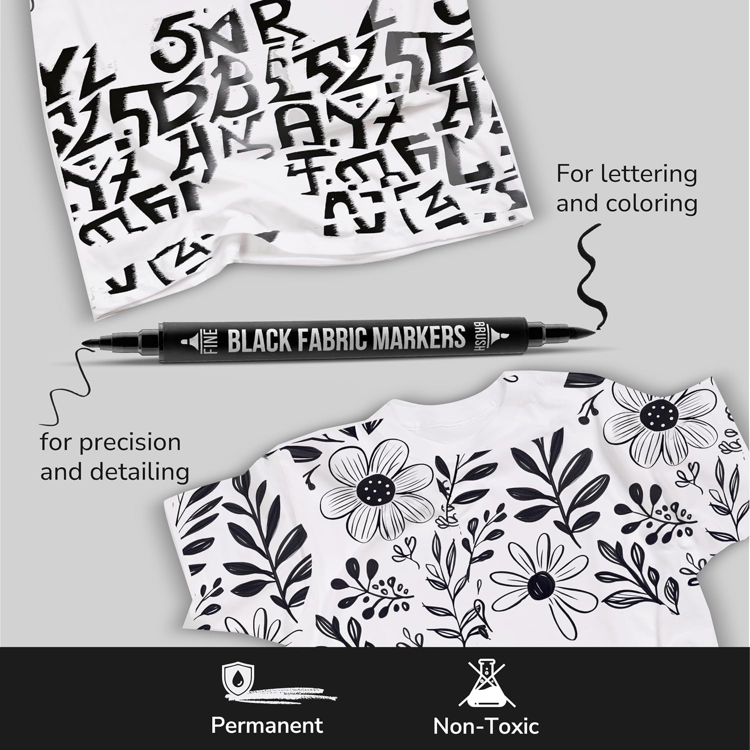 Detalle 1 de Zenacolor Permanent Black Fabric Markers, 5-Pack with Dual Tips