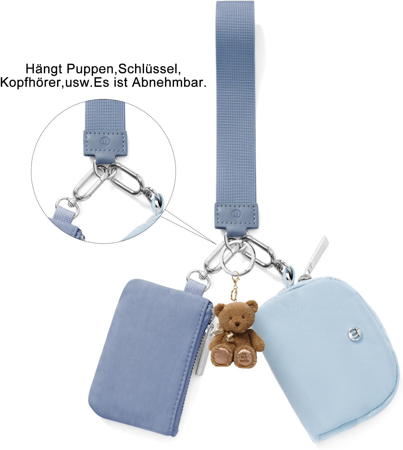 Detalle de AOTM Mini Kleingeldbörse (Navy+Hellblau) – Armband-Geldbörse mit abnehmbarem Schlüsselanhänger