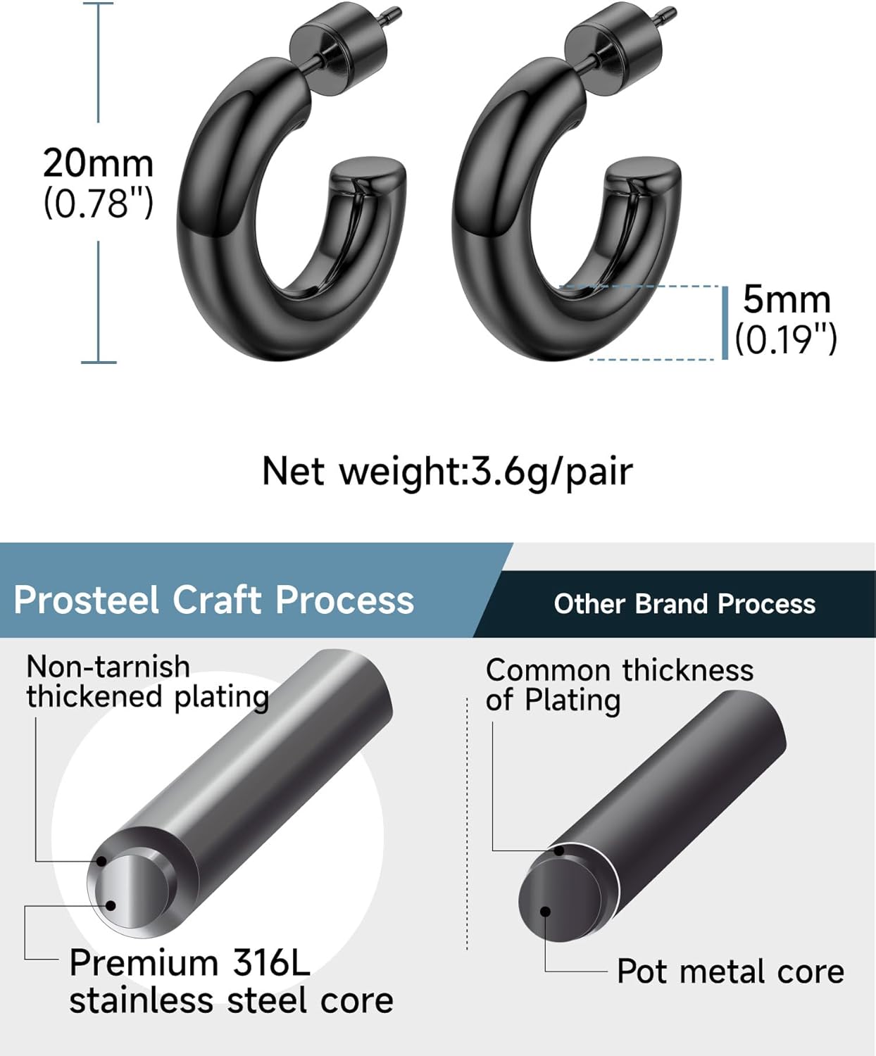 Thumbnail 4 de PROSTEEL Boucles d’oreilles femme en anneaux ouverts noir/plaqué or acier inoxydable 20/30/40/60/80 mm