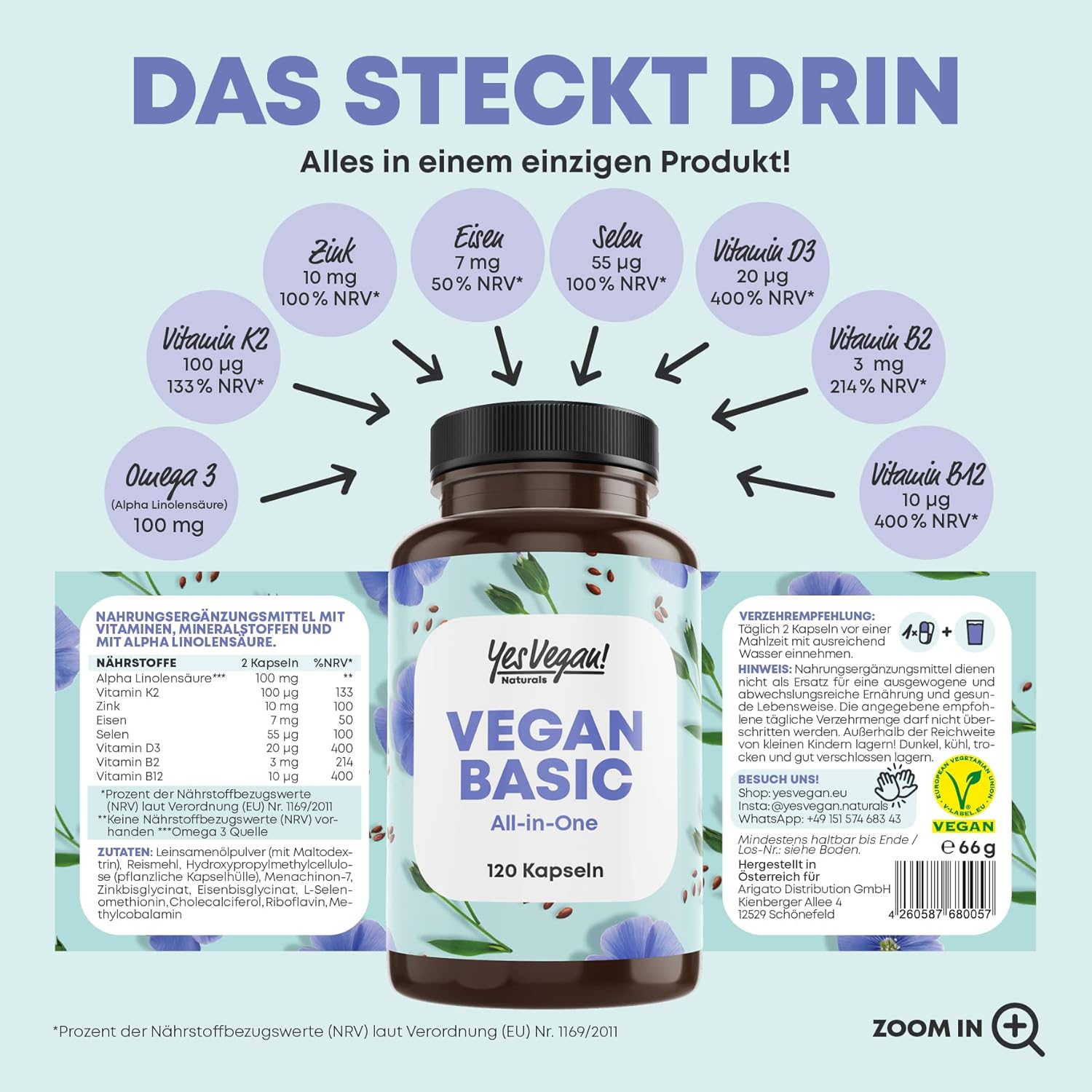 Thumbnail 4 de Vegan Complex – Vitamin B12, K2, D3, Eisen, Zink, Selen & Omega-3 (120 Kapseln) für Veganer & Vegetarier