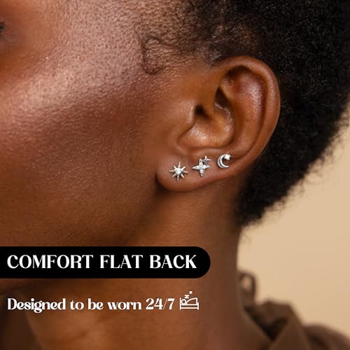 Thumbnail 3 de Finrezio 3 Pairs Flat Back Earrings – Sterling Silver Hypoallergenic Studs