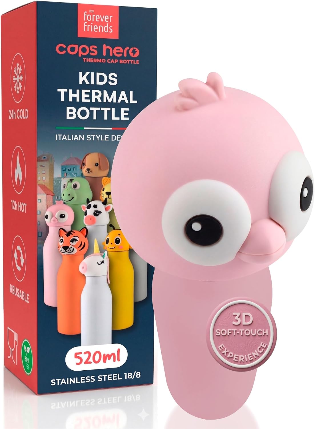 Detalle de CapsHero Borraccia Termica per Bambini Flamingo Fia, Acciaio Inox Senza BPA, 520 ml