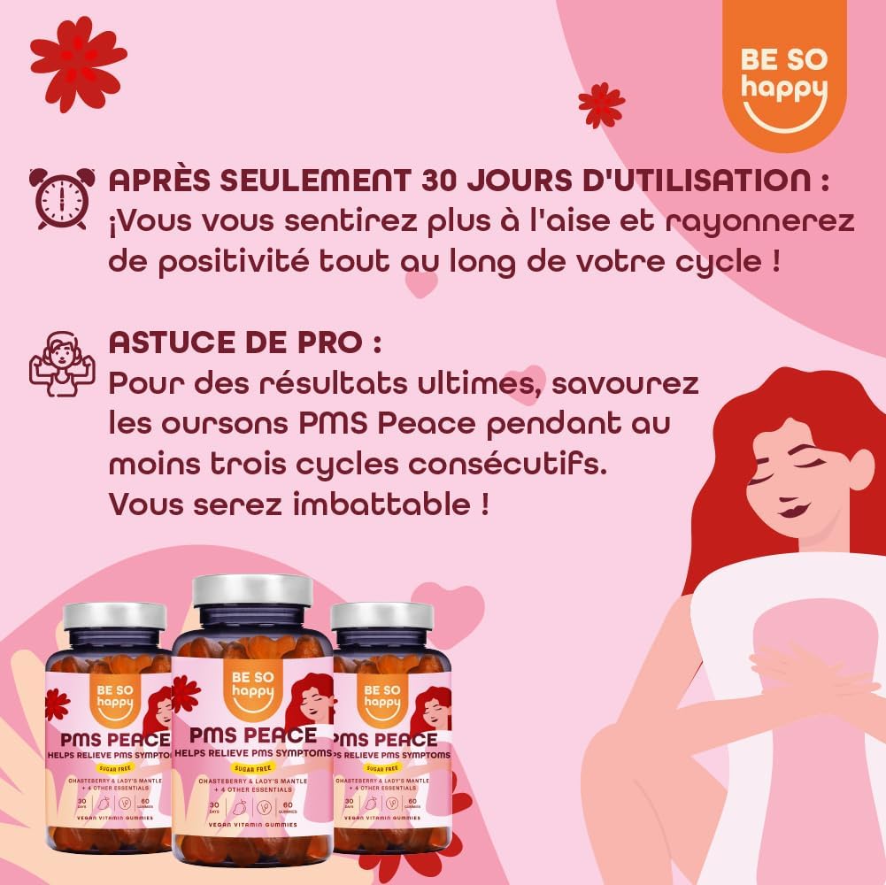 Detalle de Supplément sans sucre PMS PEACE BeSoHappy® – 60 bonbons végétaliens, sas sucre