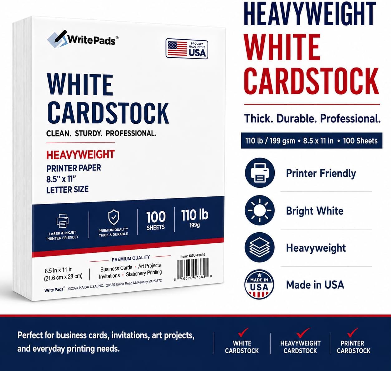 Detalle de KAISA KSU-73835 White Cardstock, 110 lb, 199 GSM, Letter Size, 100 Sheets