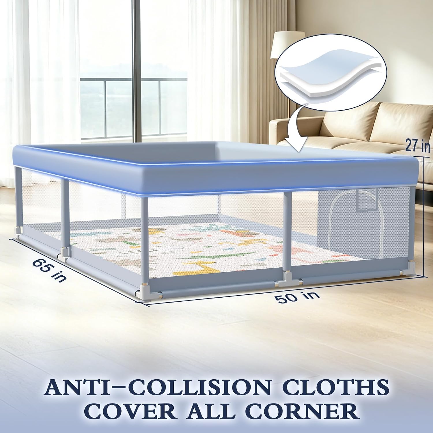 Thumbnail 4 de XVISHX 65 x 50 Inch Baby Playpen with Mat, Playard for Indoor & Outdoor Use (Grey)