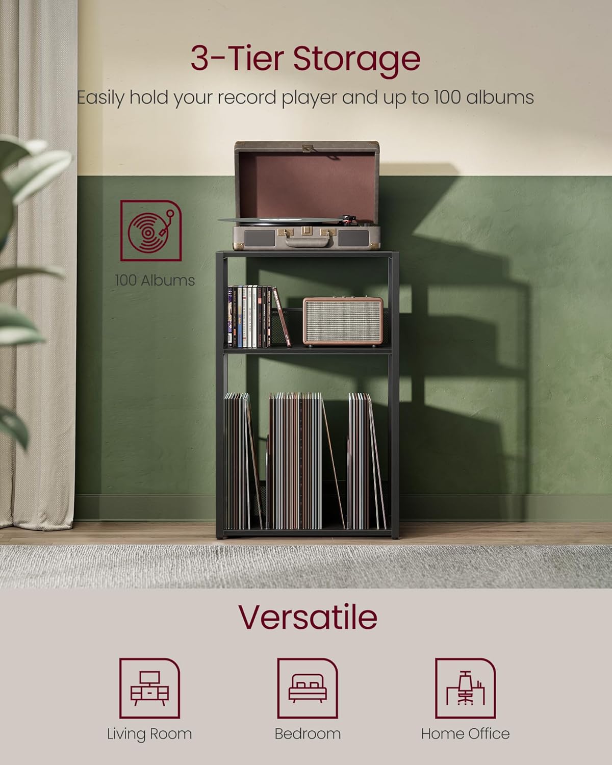 Thumbnail 3 de VASAGLE Record Player Stand 3-Tier Side Table (Ebony Black, ULET275B01)